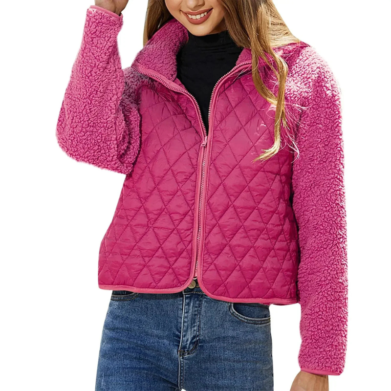 Street-Wave Womens Quilted Jacket With Cozy Faux Shearling Sleeves For Warmth And Style