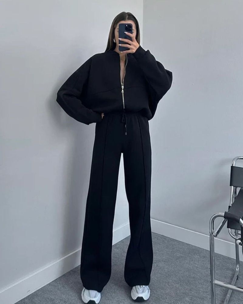 Street-Wave Cozy Zip Two-Piece Set For Women Warm Cozy Loungewear Jacket And Pants
