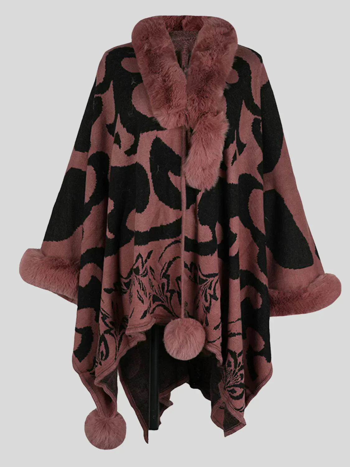 Street-Wave Printed Poncho With Plush Fur Trim For Women Cozy Warm Winter Wrap Everyday Elegance