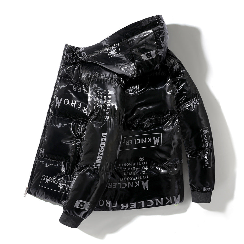 Street-Wave Hooded Quilted Jacket With Vinyl Shine Graphic Motifs For Men Vegan Polyester
