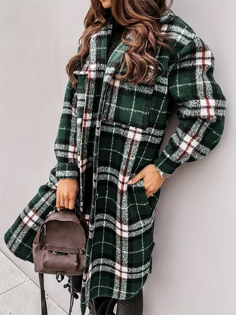 Street-Wave Plaid Wool Coat For Women Warm Longline Button Front Outerwear Chic Cozy