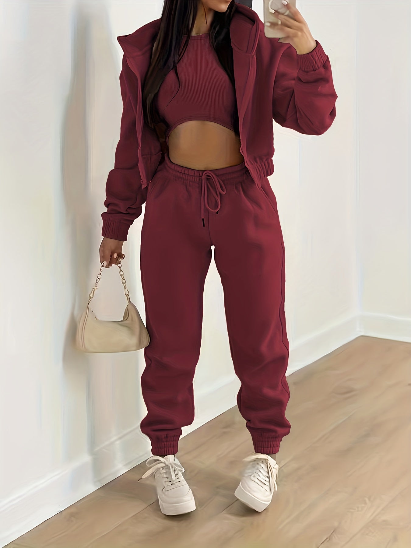 Street-Wave Three Piece Hoodie Tank Top Jogger Set For Women Comfort Casual Everyday Wear