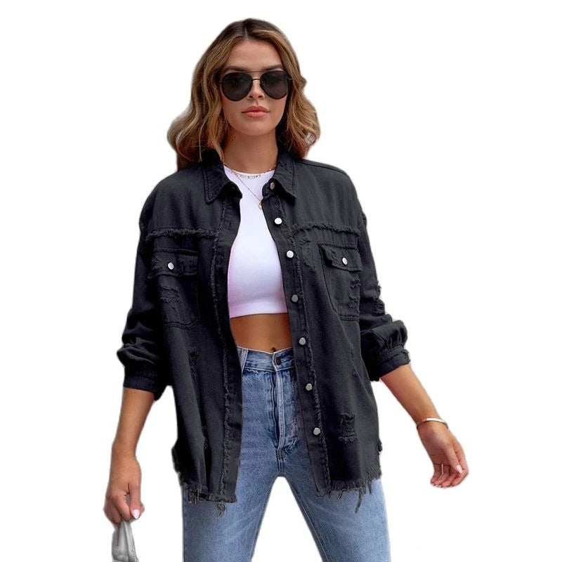 Street-Wave Pink Distressed Denim Jacket For Women Chic Versatile Streetwear Essential