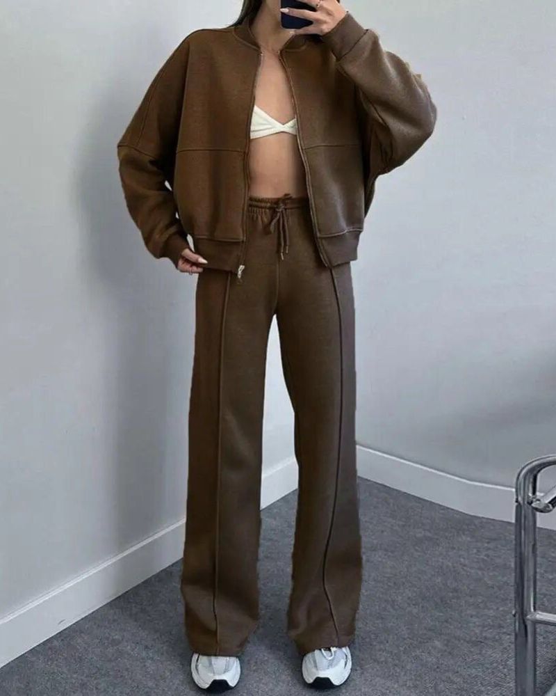 Street-Wave Cozy Zip Two-Piece Set For Women Warm Cozy Loungewear Jacket And Pants