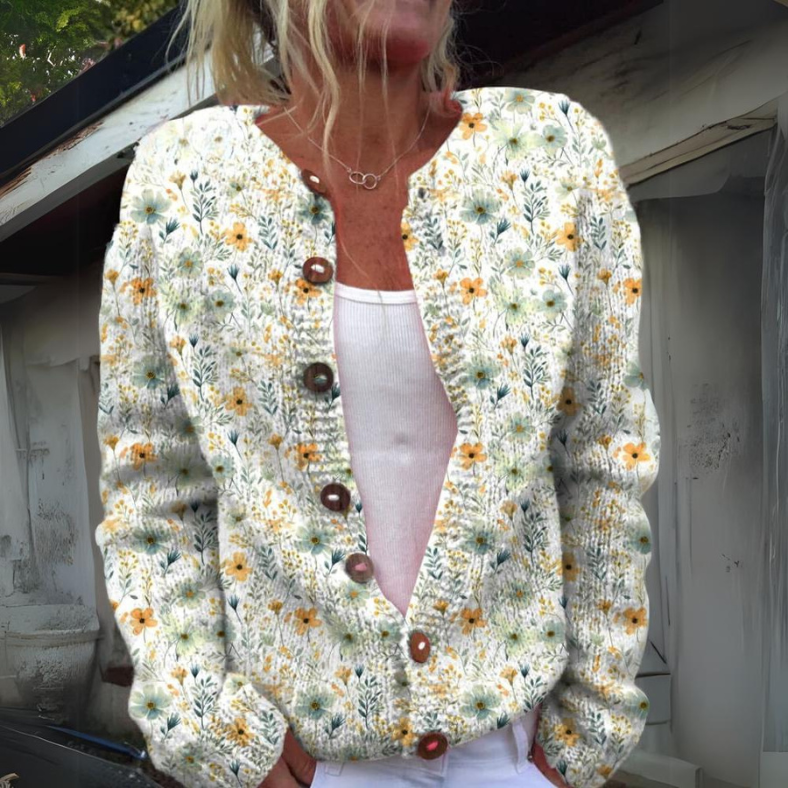 Street-Wave Cozy Knitted Cardigan For Women With Button Front Floral Design Pattern