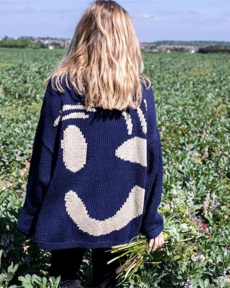 Street-Wave Soul Positive Sweater Cozy Cheerful Navy Knit For Women Bold Smile Pattern