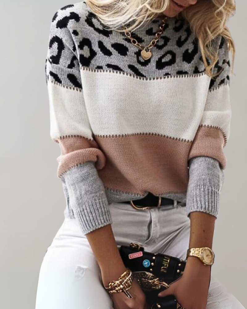 Street Wave Leopard Design Pullover For Women Cozy Warm Knitwear With Leopard Print Trendy Comfort