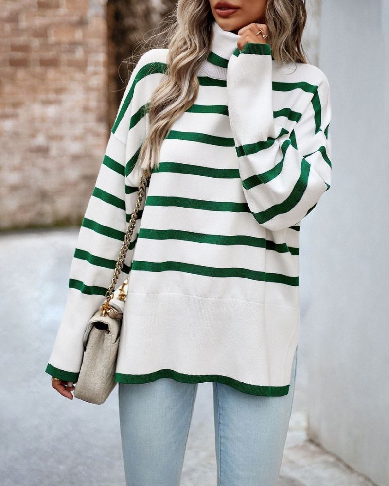 Street-wave Striped Rollneck Sweater For Women Ultra Soft Cozy Knit Modern Street Style