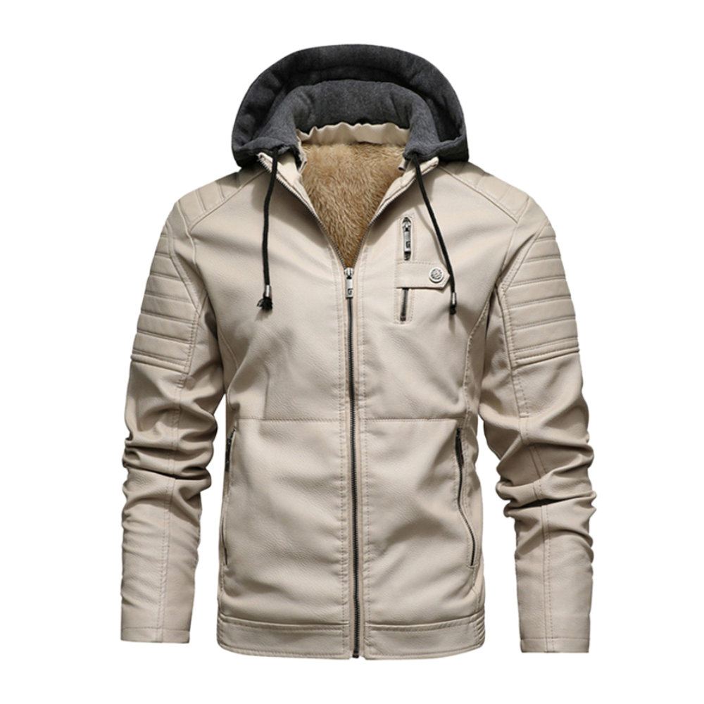 Street-wave RACER Leather Jacket With Removable Hood Wool Blend Lining For Urban Riders