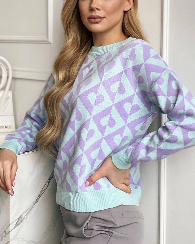 Streetwave Soft Knit Pullover With Heart Geometric Pattern For Women Trendy Comfort