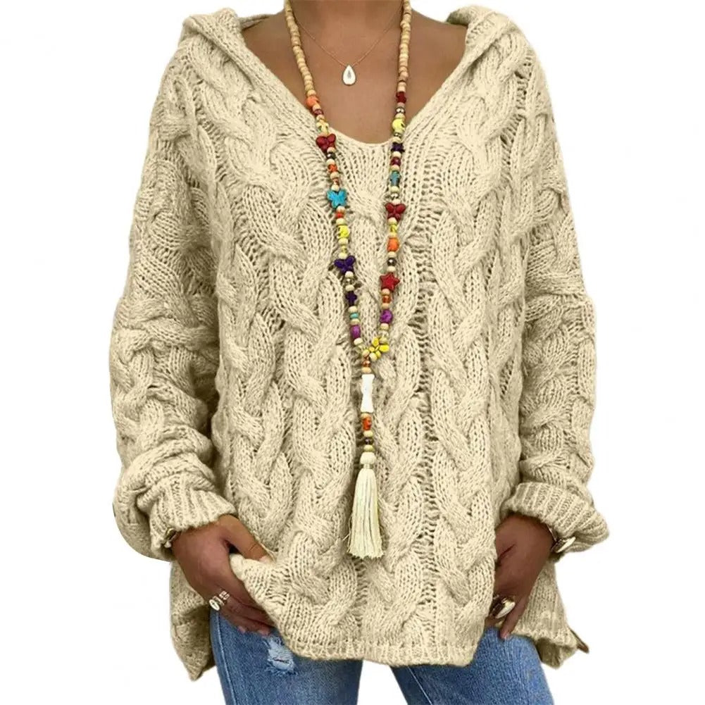 Street-Wave V-Neck Knit Hoodie Sweater For Women Warm Cozy Relaxed Fit With Twist Design
