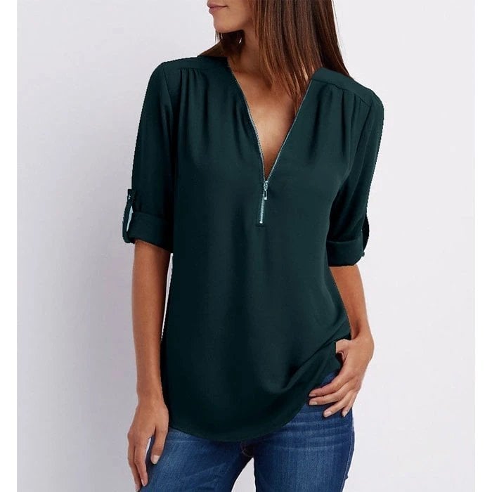 Women's Zip-Up V-Neck Half Sleeve Blouse with Versatile Style and Easy Care