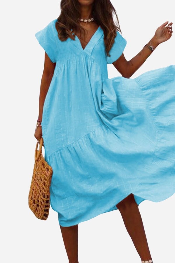 Women's V-Neck Midi Dress with Tiered Design and Flutter Sleeves