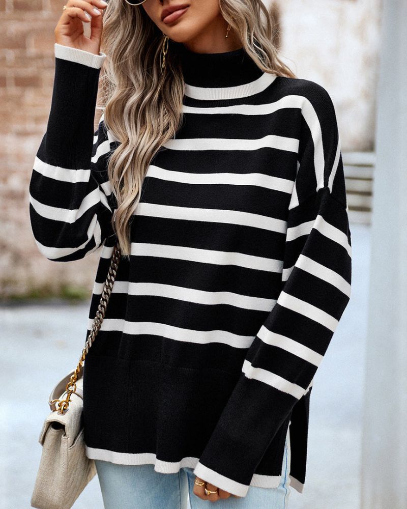 Street-wave Striped Rollneck Sweater For Women Ultra Soft Cozy Knit Modern Street Style