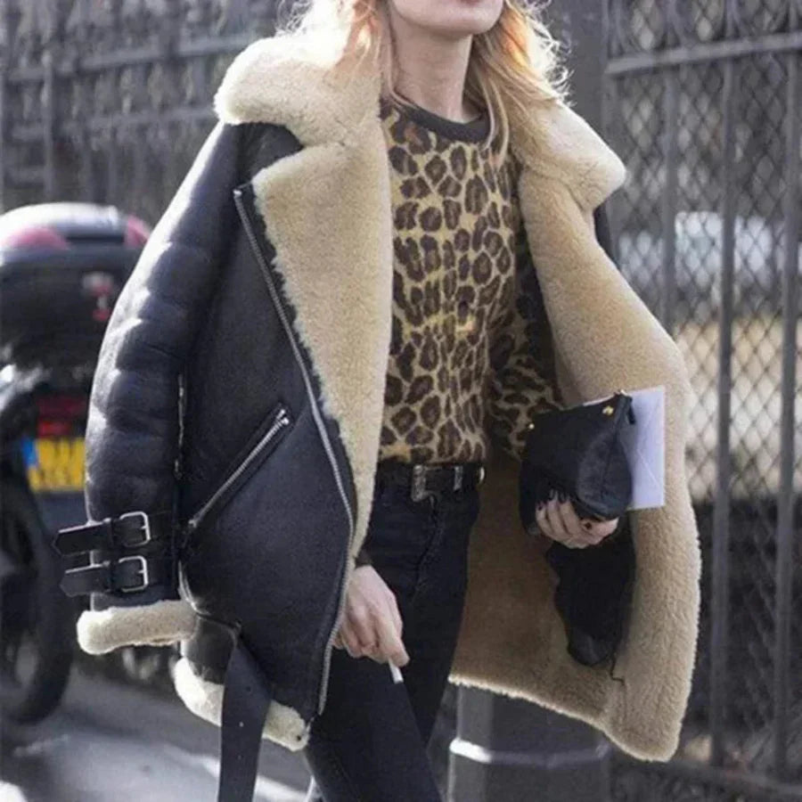 Streetwave Womens Oversized Leather Look Shearling Jacket With Sherpa Lining And Asymmetric Zip Belted Hem