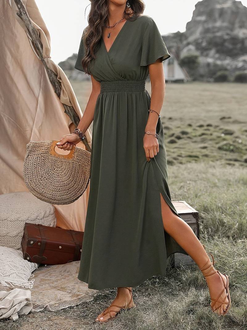 Street-wave Olive Wrap Dress With Flutter Sleeves And Side Slit For Women Lightweight And Elegant
