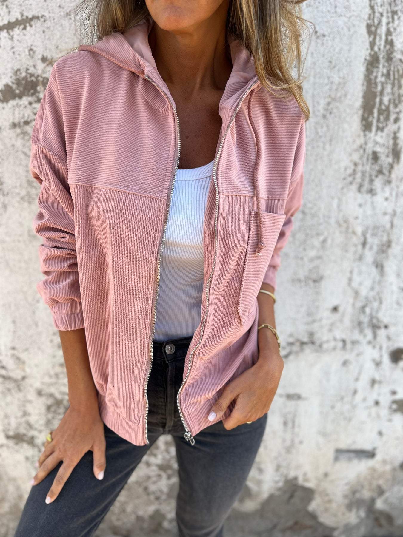 Street-wave Womens Corduroy Casual Jacket With Hood And Zipper Soft Cotton Blend For Everyday Style