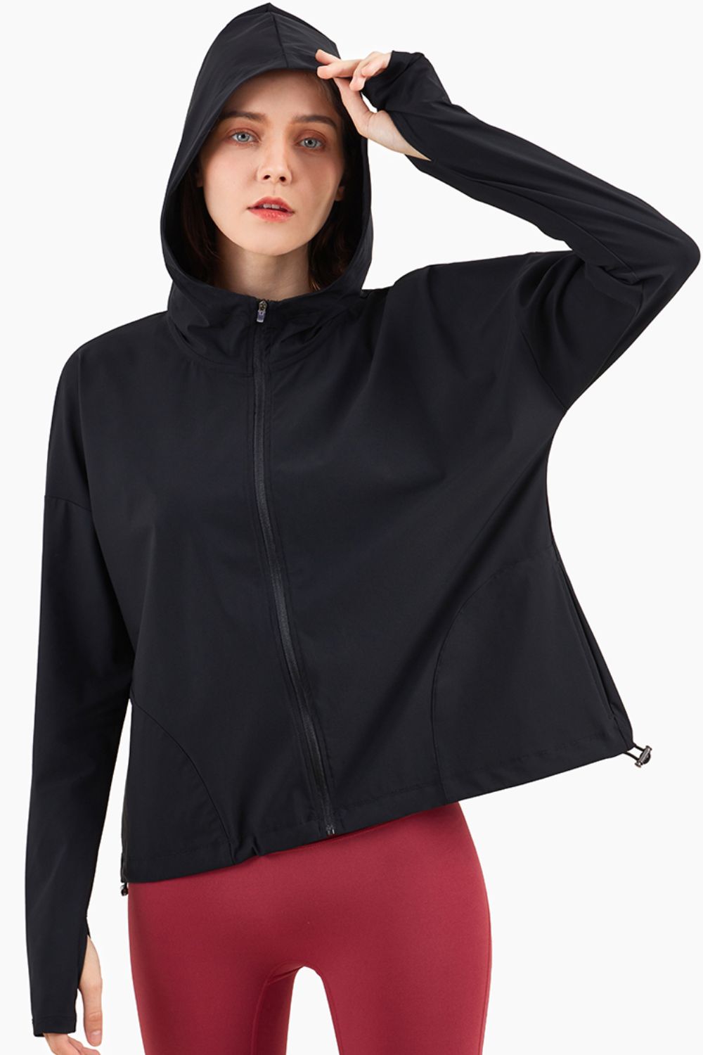 Street-wave Women's Hooded Sport Jacket With Zip Pockets Thumbhole Sleeves Nylon Spandex Blend For Active Lifestyles