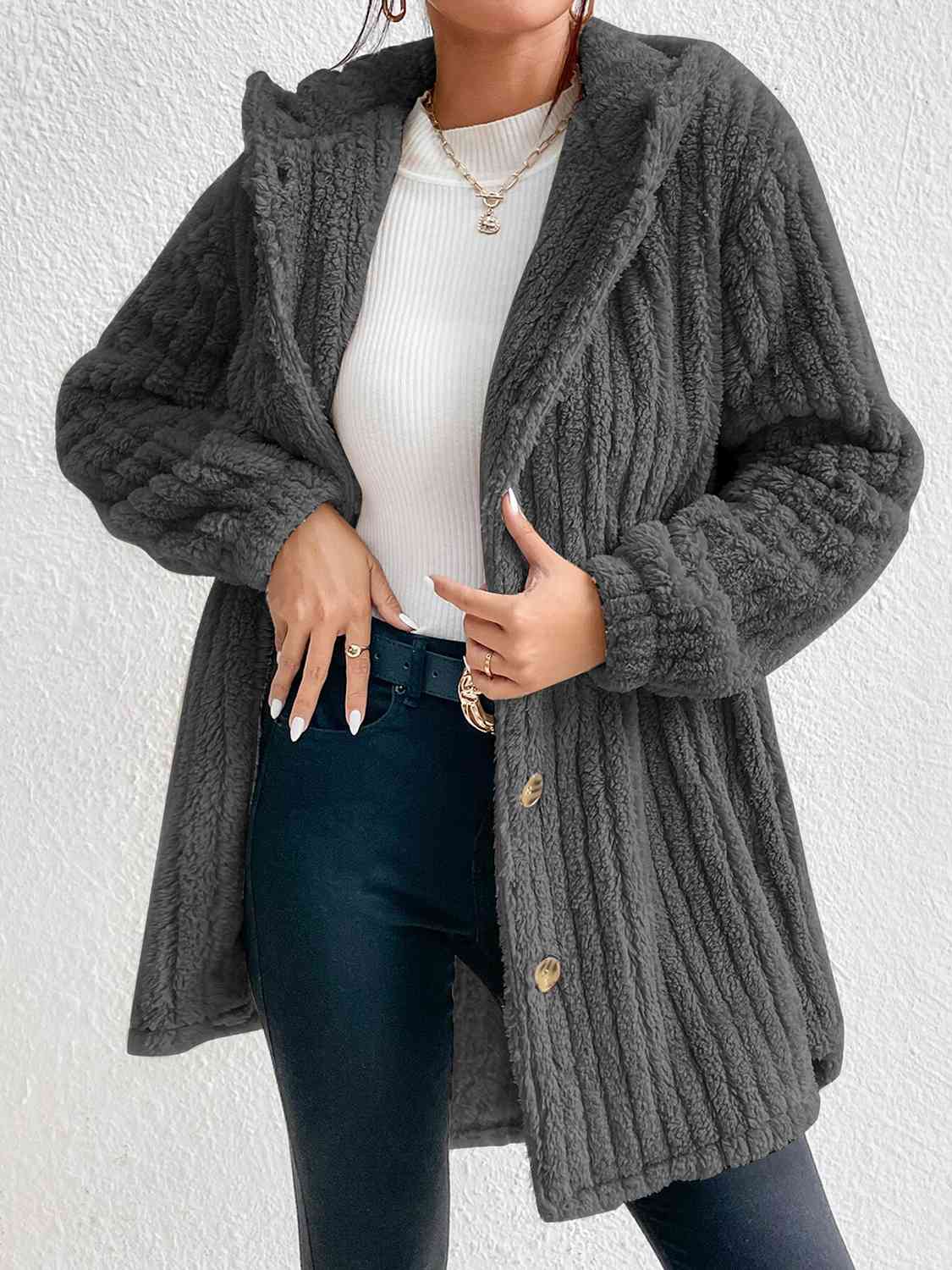 Street-wave Cozy Hooded Teddy Coat For Women Button Down Faux Fur Plush Outerwear