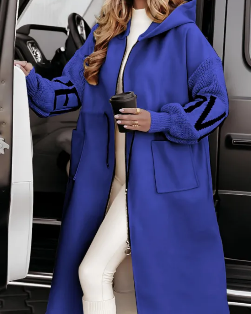 Street-wave Womens Casual Hooded Coat With Knit Sleeve Detail Cozy Chic Outerwear