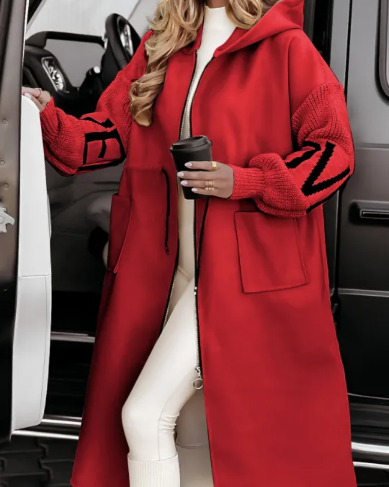 Street-wave Womens Casual Hooded Coat With Knit Sleeve Detail Cozy Chic Outerwear