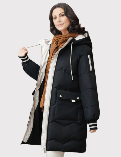 Street-wave Womens Elegant Puffer Jacket With Hood Cozy Warmth And Red Zippers For Cold Weather