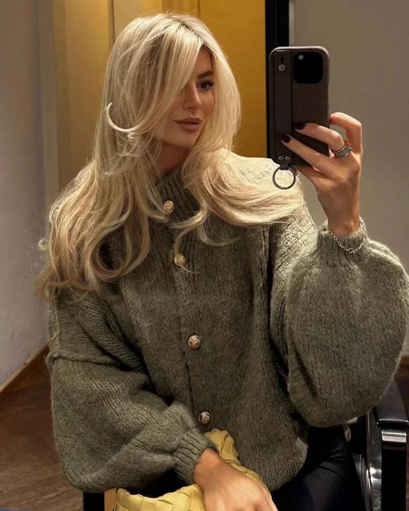 Streetwave Cozy Cable Knit Cardigan For Women With Gold Button Detail Soft Warmth And Luxurious Winter Style