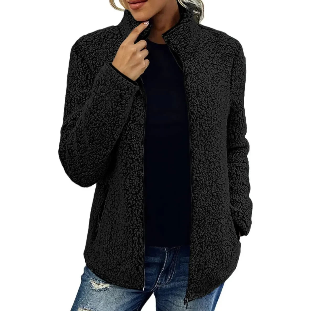 Street-Wave Plush Teddy Jacket For Women With High Collar And Zipper Cozy Warmth