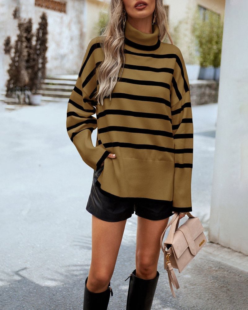 Street-wave Striped Rollneck Sweater For Women Ultra Soft Cozy Knit Modern Street Style