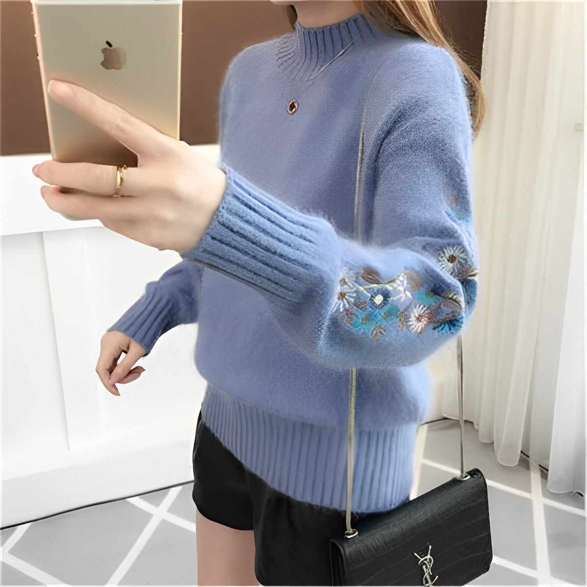 Maureen Knit Pullover With Embroidered Sleeves For Women Oversized Rollneck Warm Soft Knit Streetwave