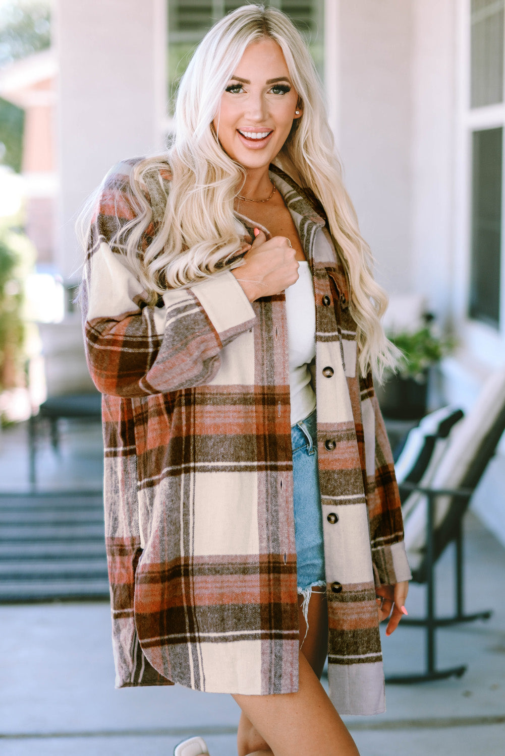 Street-wave Long Plaid Shirt Jacket Cotton Blend Stylish And Practical Women Wardrobe Essential