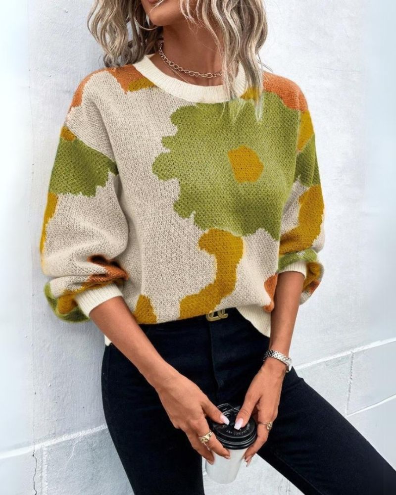 Streetwave Abstract Floral Knit Sweater For Women Ultra Soft Cozy Warmth Relaxed Fit All Day Comfort