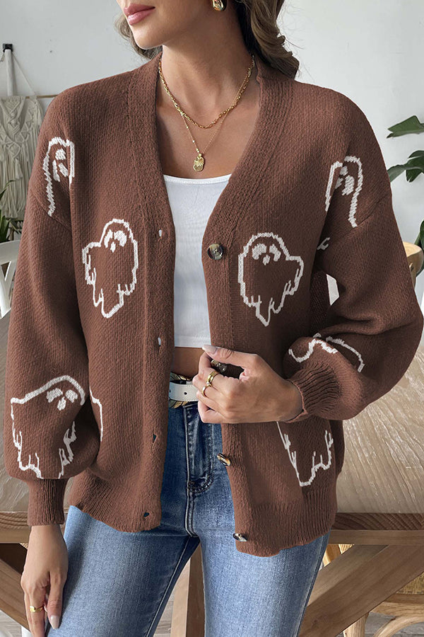 Street-wave Ghost Cardigan for Women Cozy Button Front Knit Halloween Ready Relaxed Fit