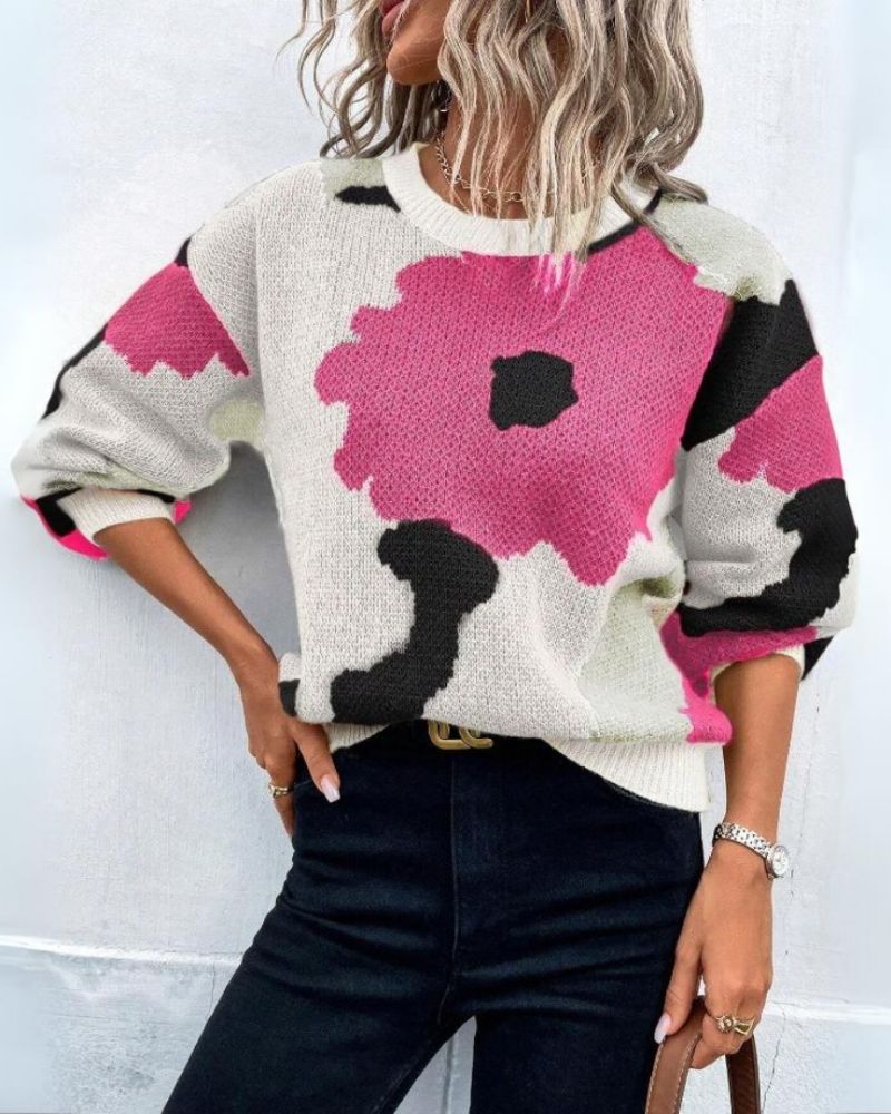 Streetwave Abstract Floral Knit Sweater For Women Ultra Soft Cozy Warmth Relaxed Fit All Day Comfort
