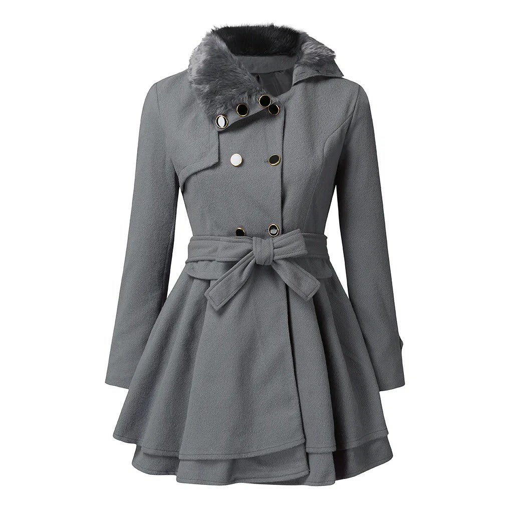 Street-Wave Beige Trench Coat With Vegan Fur Collar For Women Luxurious Eco Chic