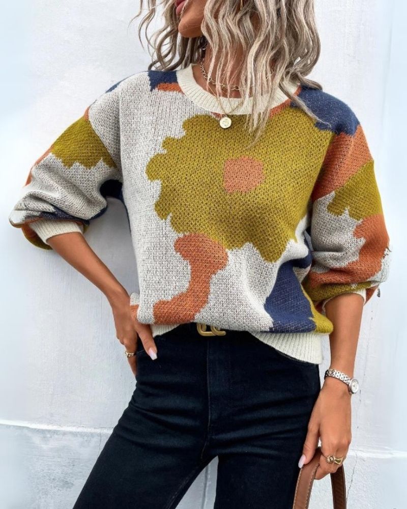 Streetwave Abstract Floral Knit Sweater For Women Ultra Soft Cozy Warmth Relaxed Fit All Day Comfort