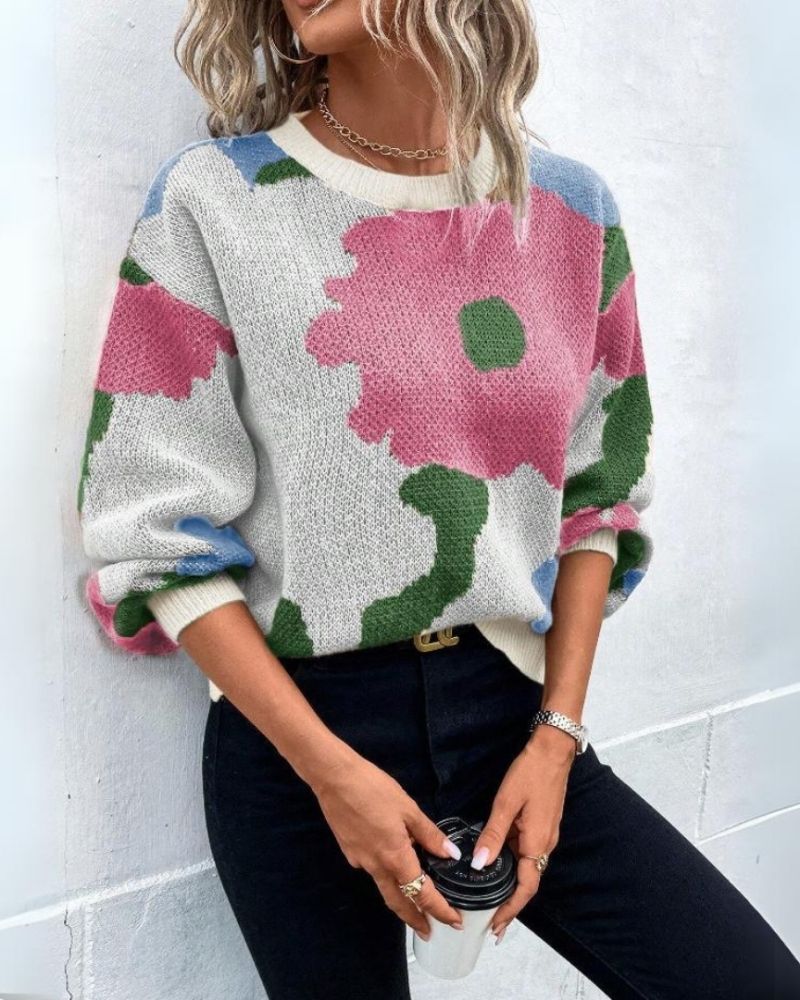 Streetwave Abstract Floral Knit Sweater For Women Ultra Soft Cozy Warmth Relaxed Fit All Day Comfort