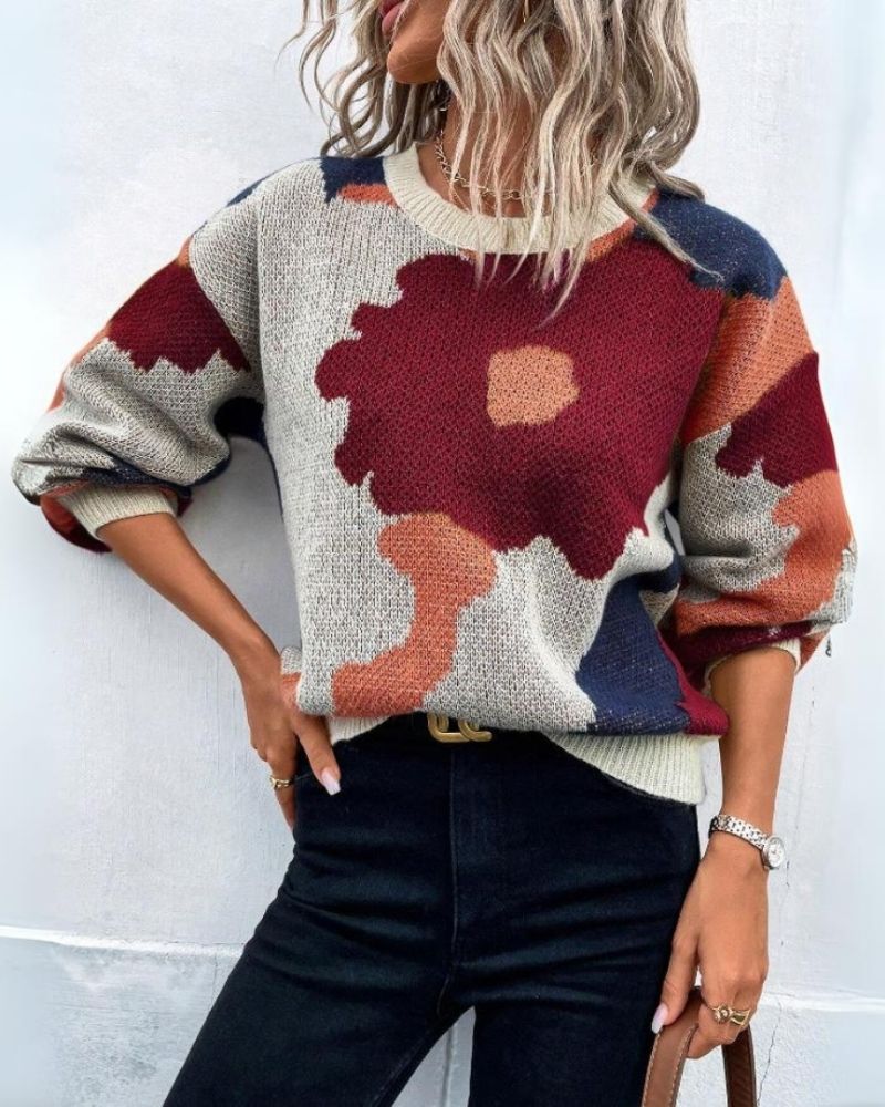 Streetwave Abstract Floral Knit Sweater For Women Ultra Soft Cozy Warmth Relaxed Fit All Day Comfort