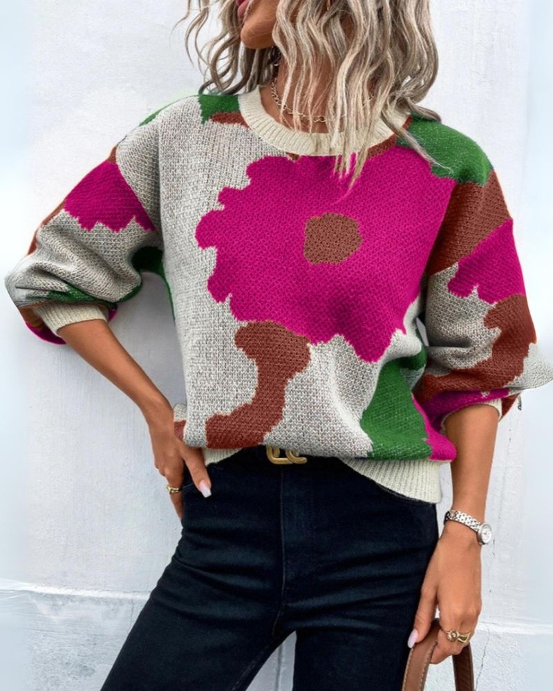 Streetwave Abstract Floral Knit Sweater For Women Ultra Soft Cozy Warmth Relaxed Fit All Day Comfort