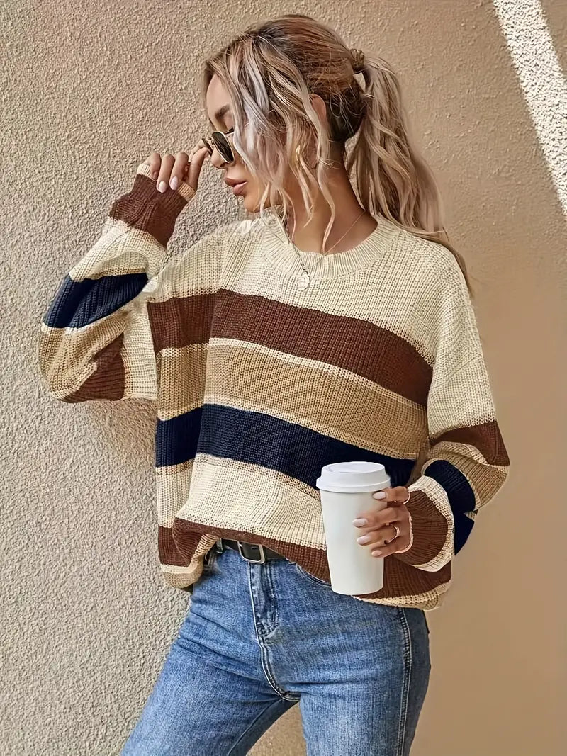 Street-Wave Color Block Knit Crewneck Sweater for Women Vibrant Versatile Everyday Chic