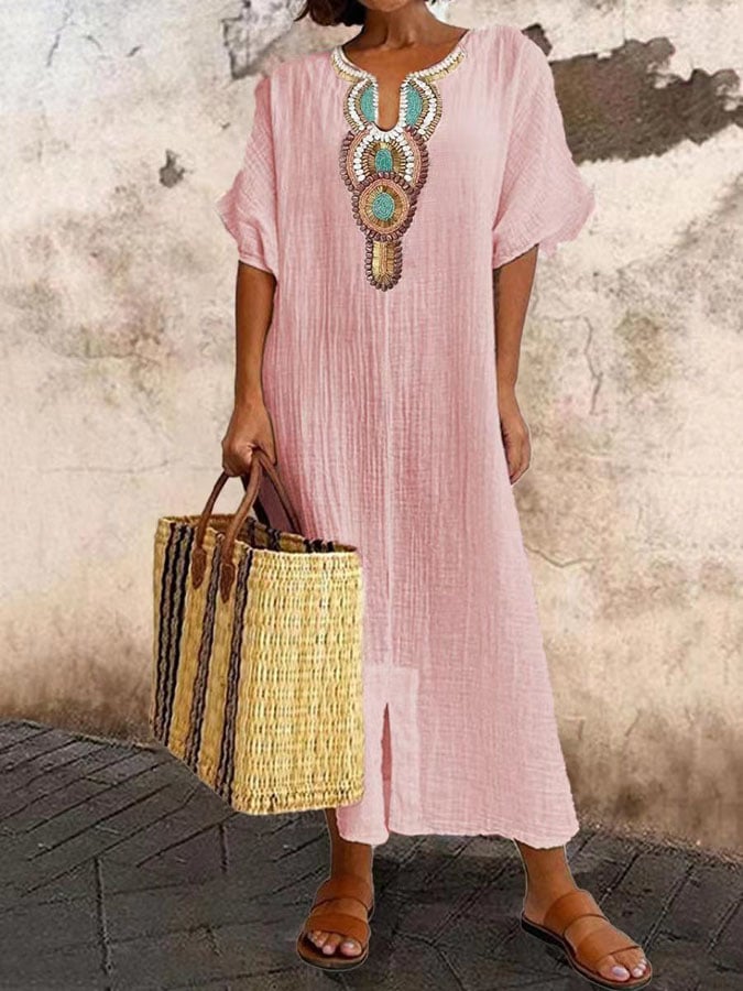 Women's Kaftan Dress Street-Wave Relaxed Fit Embroidered Neckline