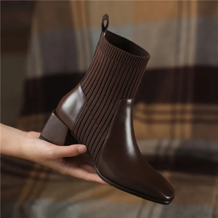 Street Wave Square Toe Boots With Knit Sock Detail For Women Elegant Comfort In Cold Weather