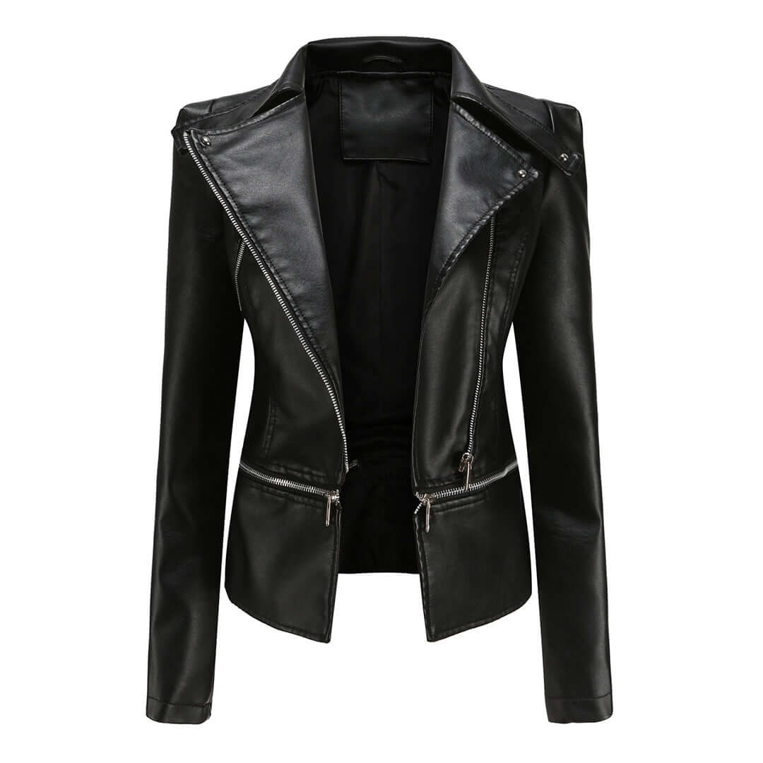Street-wave Womens Rugged Leather Biker Jacket With Asymmetric Zip Front And Zippered Pockets