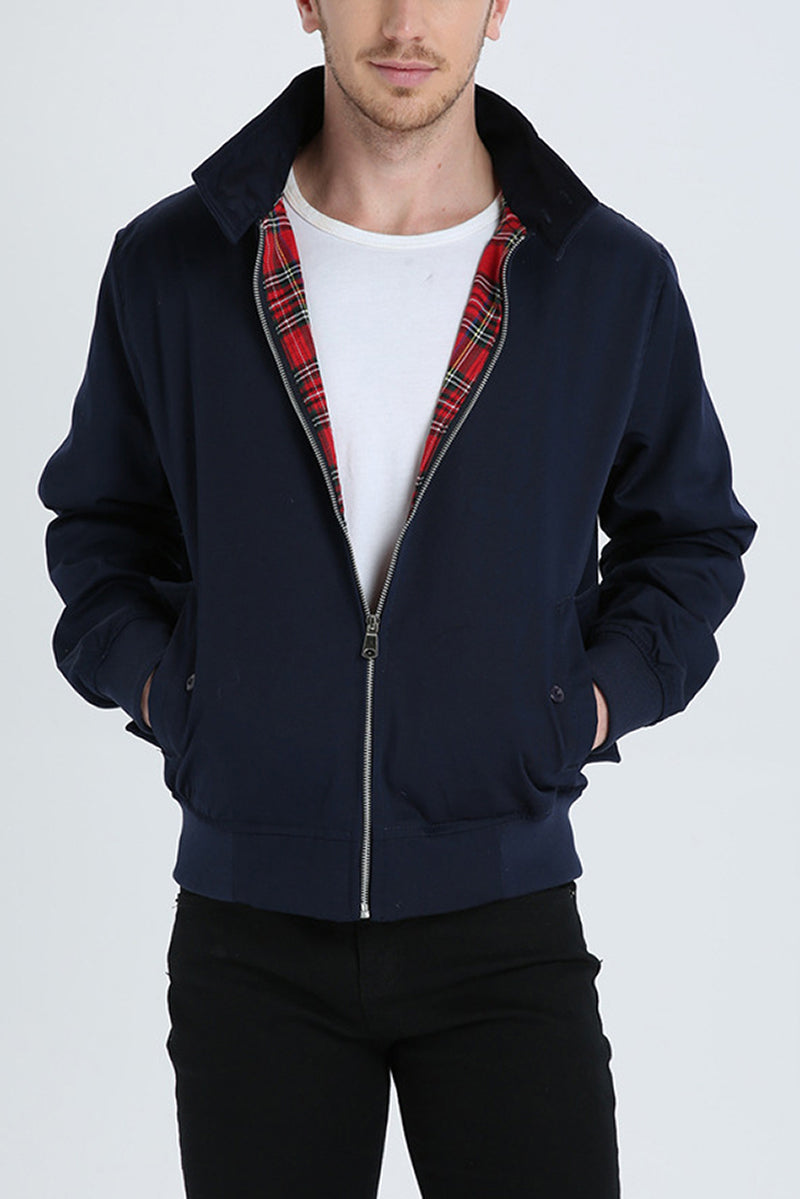 Street Wave Harrington Jacket With Red Plaid Lining Navy For Men Versatile Outerwear