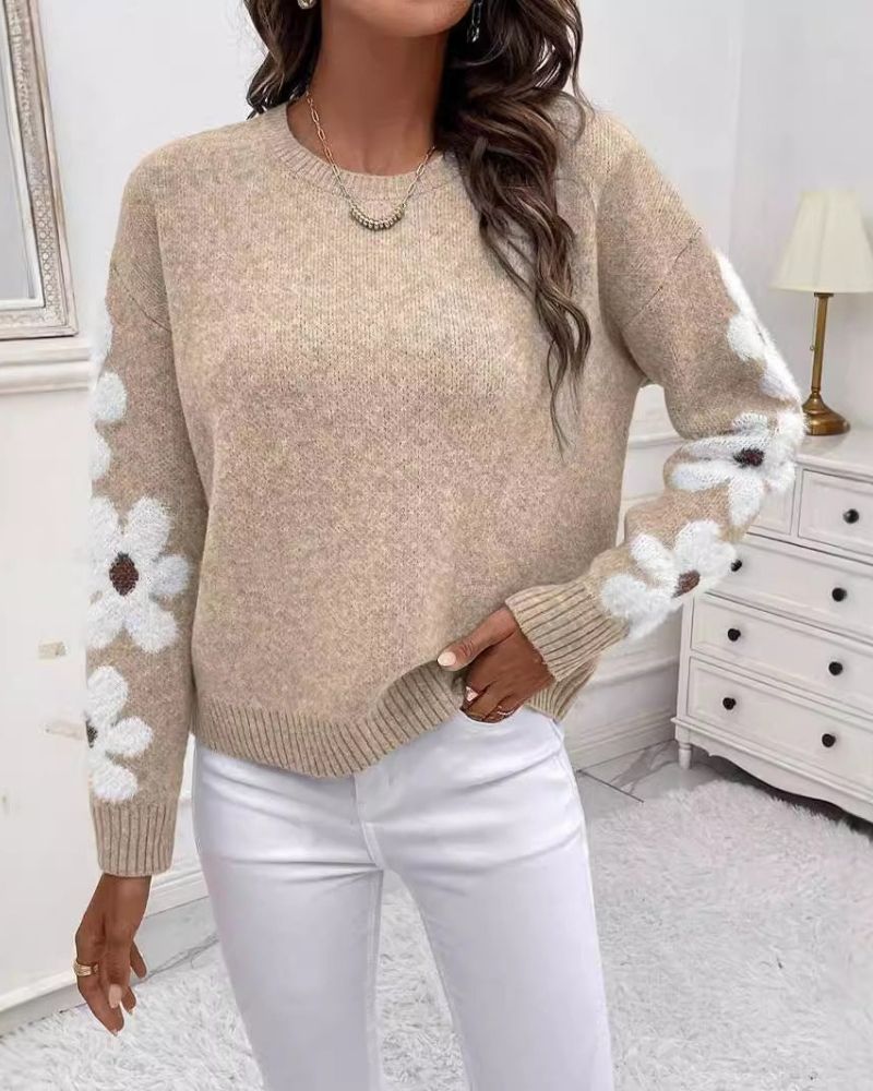 Street-Wave Cozy Floral Knit Pullover For Women With Flower Sleeve Details And Warmth
