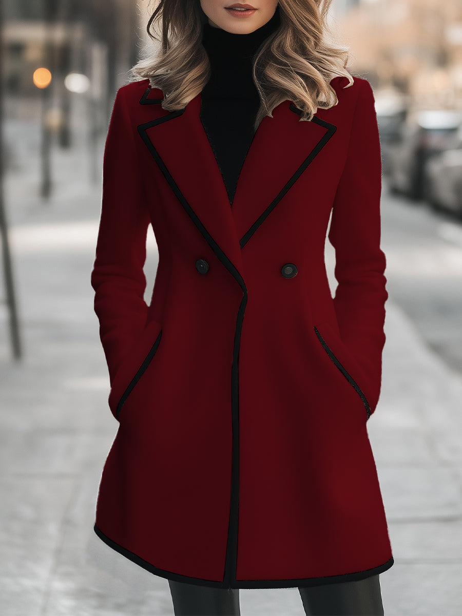 Street-Wave White Double-Breasted Coat With Black Piping For Women, Chic Minimalist Winter Essential