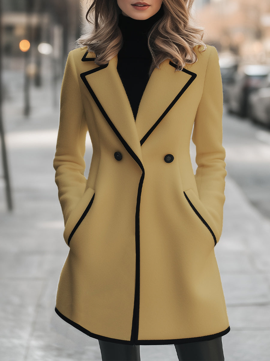 Street-Wave White Double-Breasted Coat With Black Piping For Women, Chic Minimalist Winter Essential