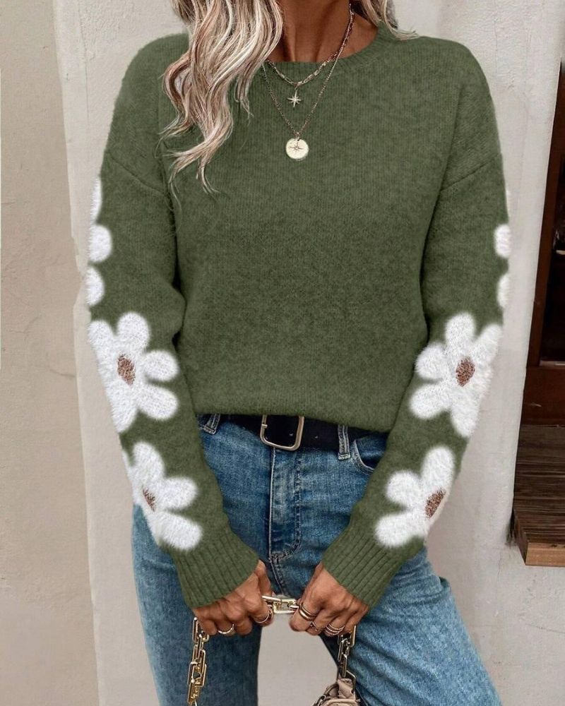 Street-Wave Cozy Floral Knit Pullover For Women With Flower Sleeve Details And Warmth