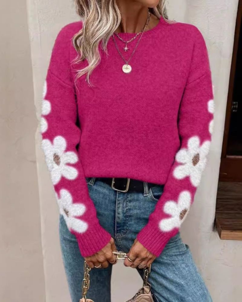 Street-Wave Cozy Floral Knit Pullover For Women With Flower Sleeve Details And Warmth