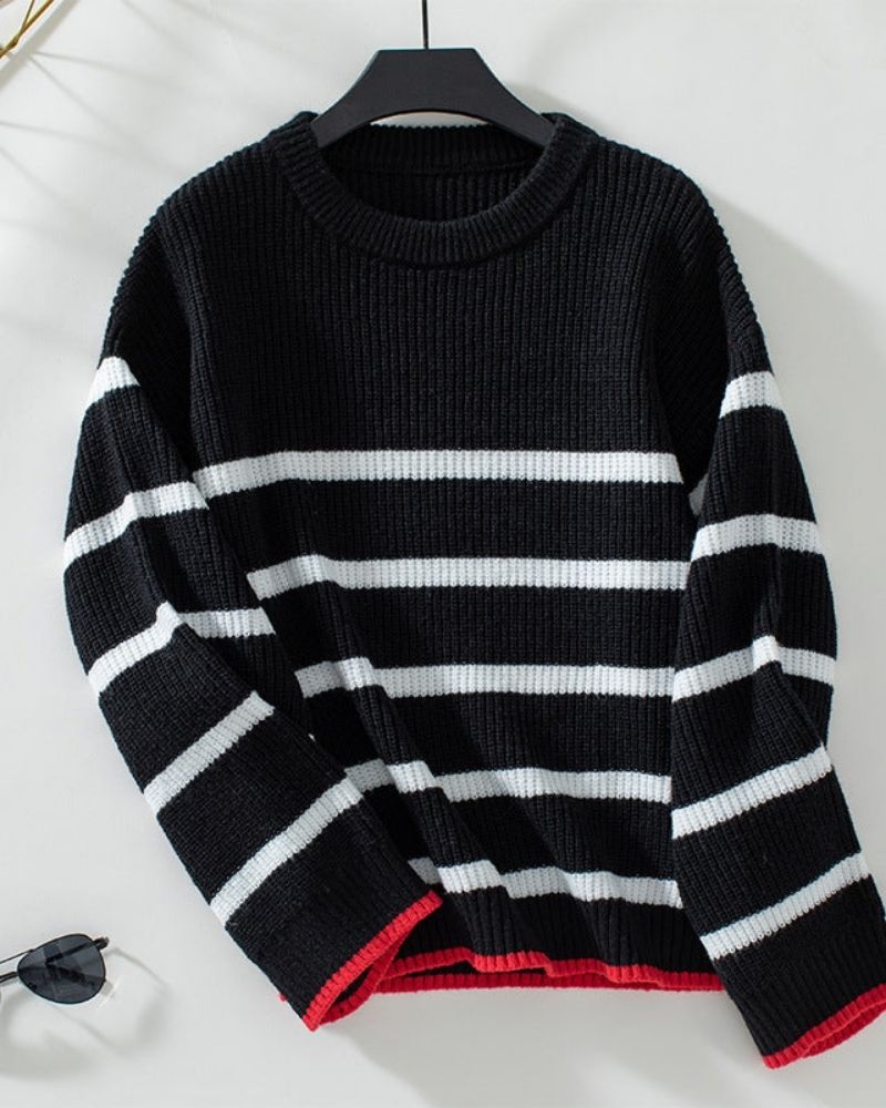 Street-wave Striped Knit Sweater For Women Cozy Warmth Soft Feel With Classic Pattern